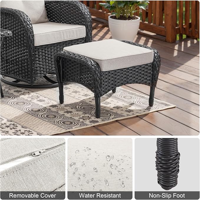 Belord Outdoor Ottomans for Patio Foot Rest - 25 Inch PE Wicker Foot Stool Set of 2 with Removable Cushions for Patio Furniture Sets,All Weather Rattan Ottoman for Balcony Backyard Black/Beige