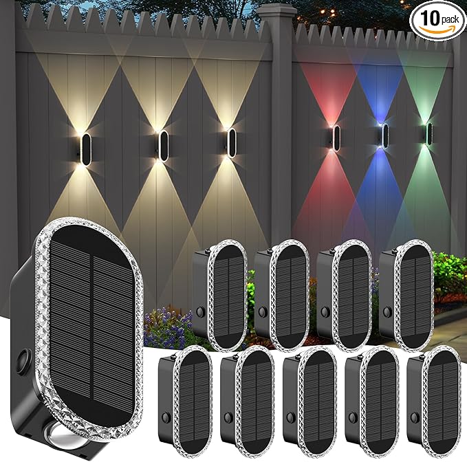 Herzila 10 Pack Solar Fence Lights,RGBW Solar Powered Fence Wall Lights, IP65 Waterproof 8-Color Changing Up Down Lighting Wall Lights for Outdoor/Patio/Porch/Pool Cage