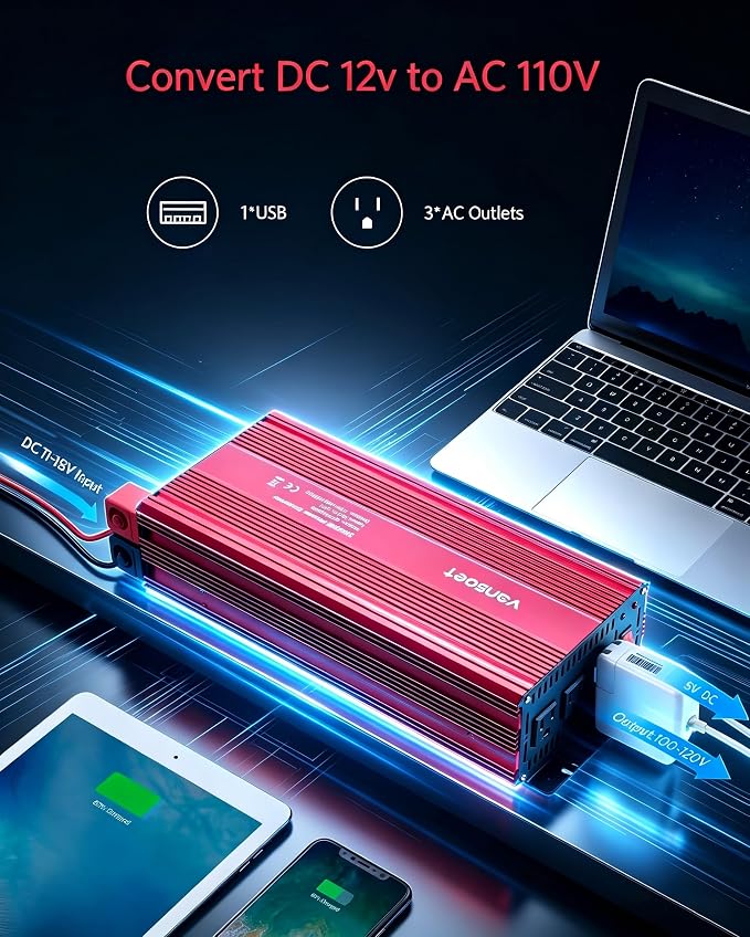 3000 Watts Power Inverter - vansoet 12V dc to 110/120V ac Car Inverter with 3 AC Outlets & Dual USB Ports for Vehicles, Ideal for Home, Emergency, Camping, RV, Truck, and Travel (Red)