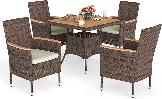 Wisteria Lane Patio Dining Sets for 4, All Weather Rattan Outdoor Table and Chairs with Acacia Wood Tabletop, Patio Dining Furniture with Removable Cushions for Deck Garden, Backyard, Brown