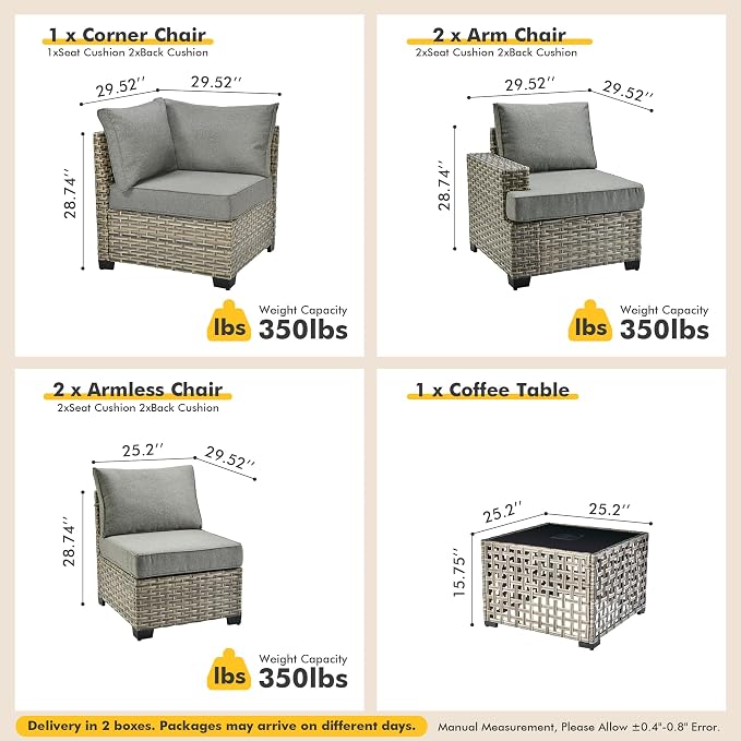 6 Pcs Outdoor Sectional Patio Furniture Set - All Weather Wicker Modular L Shaped Outside Sectional Sofa Couch,Patio Seating Outdoor Conversation Sets for Deck Yard Garden,Dark Grey