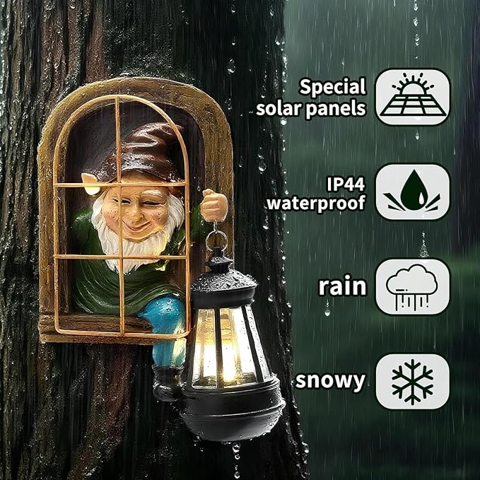 Garden Gnome Decor Outdoor Statue - Gnome With Solar Waterproof Lantern, Whimsical Elf Out The Door Tree Hugger Garden Statues, Home, Fence, Patio, Resin Ornament, Gardening Gift Tree Faces Gnomes