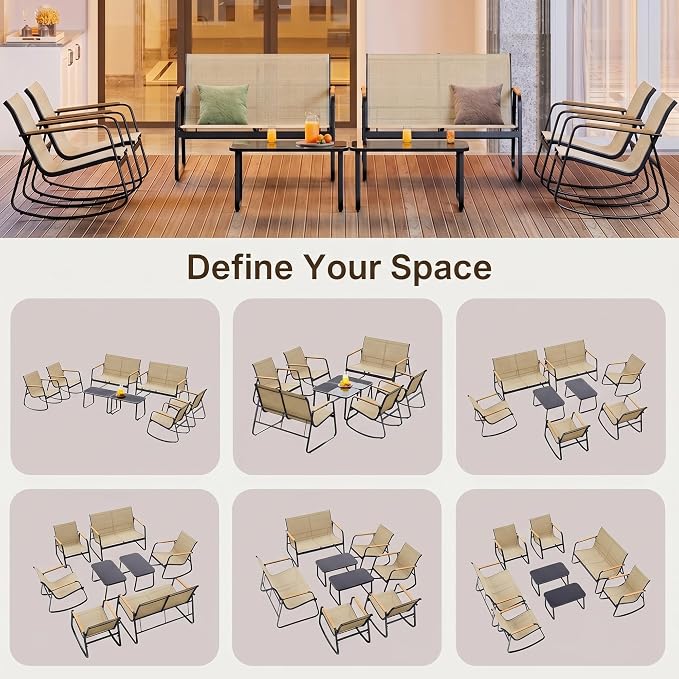 Ahomly 8-Piece Outdoor Patio Furniture Set, Textilene Conversation Set with Rocking Chairs, Loveseat, and Tempered Glass Coffee Table, for Lawn, Garden, Balcony, Poolside (Brown)