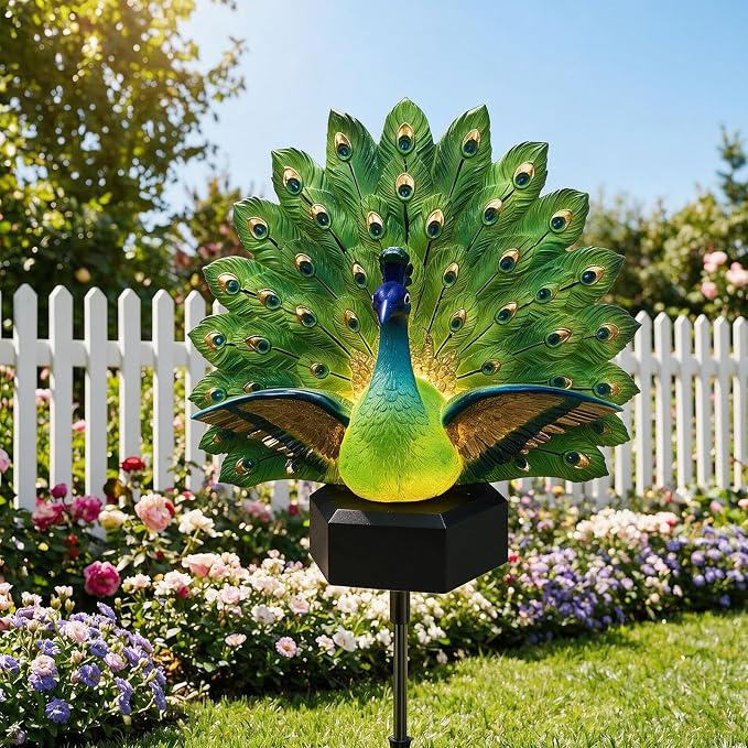 Solar Peacock Garden Sculpture, Outdoor Decor Light with Auto-On LED, Tail Statue for Yard Patio Lawn Walkway Villa Landscape Decoration Gift (This Product is a Static Sculpture.