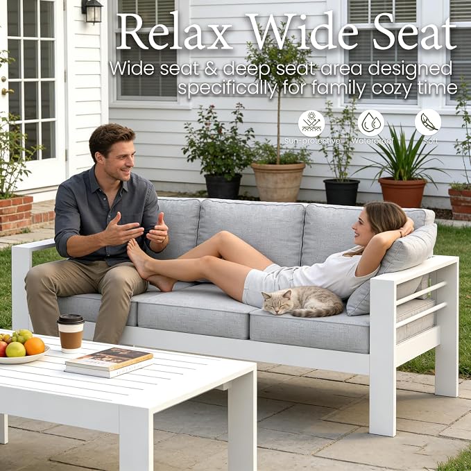 LayinSun Outdoor Aluminum Furniture Set, 4 Pieces Patio Sectional Conversation Chat Sofa Modern Seating Set with Coffee Table