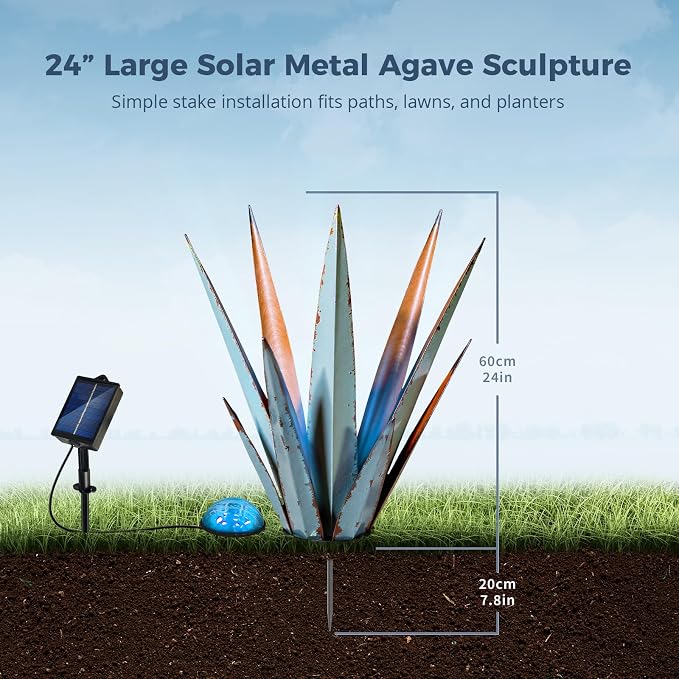 KODIBO 24" Metal Agave Plant Outdoor Decor with Solar Light, Vintage Blue | Solar-Powered Tequila Rustic Sculpture, Waterproof Material, Outdoor Patio Lawn Ornament Yard Stakes, Gift for Garden Lovers