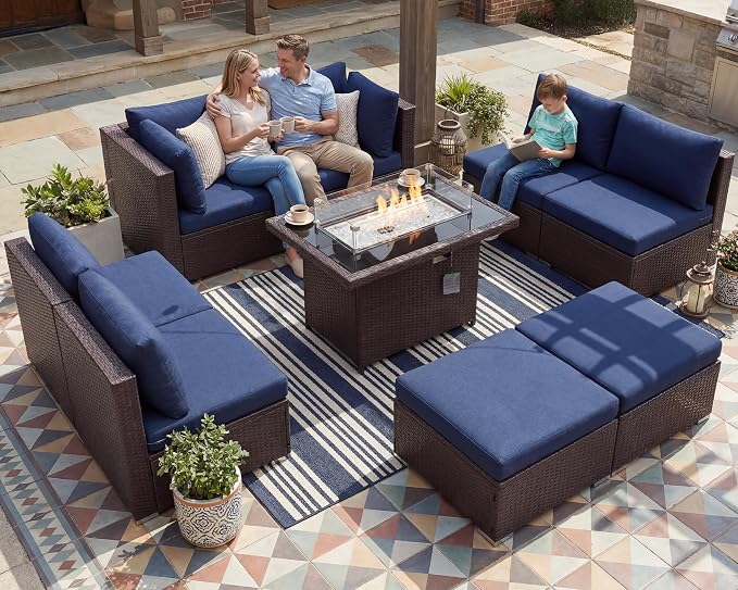 NICESOUL 9 Piece Patio Furniture Set with Fire Pit Natural Gas/Propane, 29.3'' High Back Comfy Outdoor Wicker Conversation Set, XL Large Deep Sitting Sectional Sets, Brown Rattan and Navy Blue Cushion
