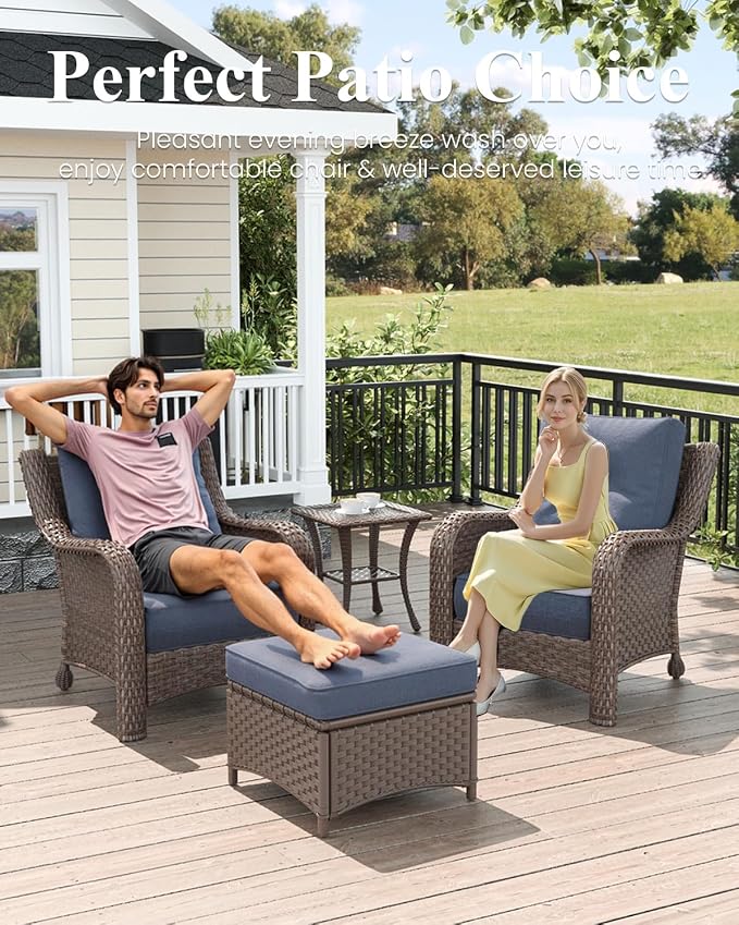 LayinSun 7 Piece Wicker Outdoor Furniture Set with 6-inch Comfy Cushions, High Back Patio Furniture Set with Rattan Armchairs and Fire Pit Table