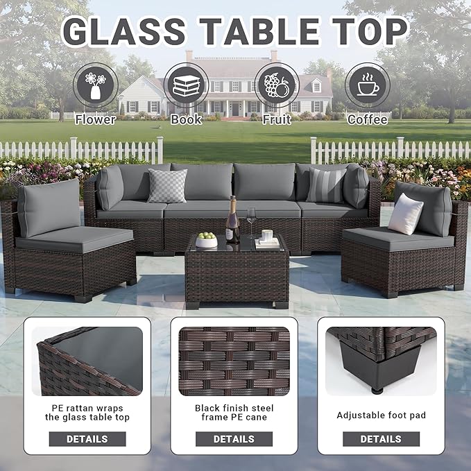 LAFWLL 7 Pieces Outdoor Patio Furniture Sets,Rattan Conversation Sectional Set,Manual Weaving Wicker Patio Sofa with Tea Table