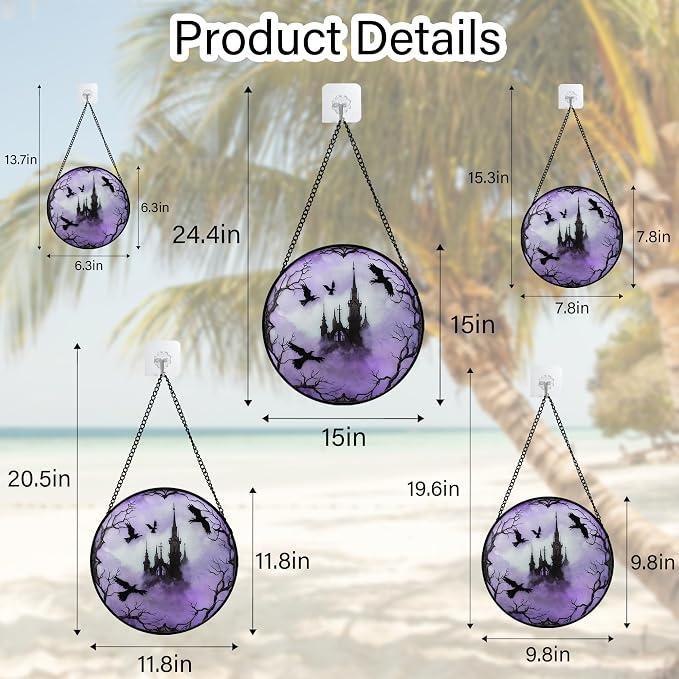 Stained Glass Window Hanging - Halloween Gothic Castle Purple Smoke Suncatcher for Doors Garden Home Spooky Crow Sun Catchers Gothic Decor Horror Gift for Women Men Friend Boy Girl 11.8 in