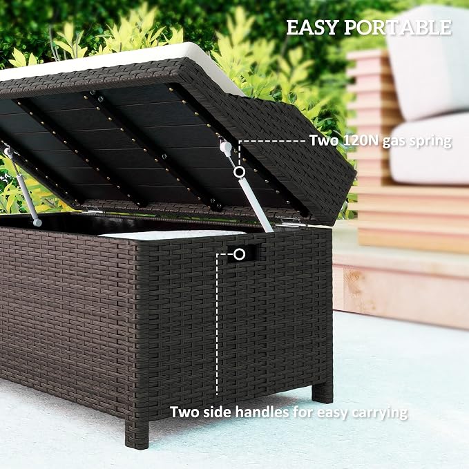 Outsunny 38 Gallon Outdoor Wicker Storage Bench Deck Box, PE Rattan Patio Furniture Pool Storage Bin Container with Interior Waterproof Cloth Bag and Comfortable Cushion, White