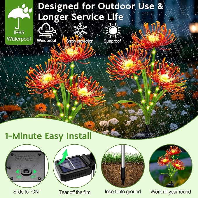 Solar Garden Flower Lights Outdoor,6 Pack Orange Spider Lily Lights with Glowing Stems,Waterproof Fall Decor Solar Yard Decor for Patio Lawn Pathway,Thanksgiving Garden Gifts for Women Mom Grandma