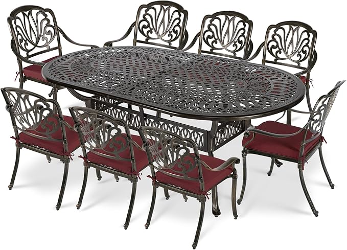 VIVIJASON 9-Piece Outdoor Furniture Dining Set, All-Weather Cast Aluminum Patio Conversation Set, Include 8 Cushioned Chairs and an Oval Table with Umbrella Hole for Balcony Lawn Backyard, Red Cushion