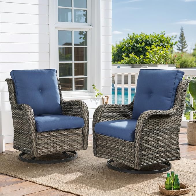 HUMMUH Outdoor Swivel Rocker Wicker Patio Chairs, Set of 2, Grey and Blue | 360° swivel and rocking motion, 5 in polyester cushions, wicker construction, for porch, balcony, deck, and patio