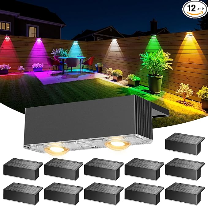 NIORSUN 12 Pack Solar Fence Lights, LED Outdoor Lights, Warm White + RGB, IP45 Waterproof, Black