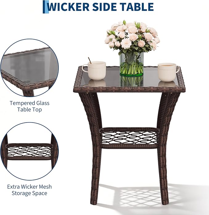 3-Piece Patio Furniture Set, 2 Swivel Rocking Chairs with 1 Rattan Side Table, Tempered Glass Tabletop, Patio Conversation Set for Deck, Porch, Garden, Poolside (Brown Wicker & Blue Cushions)
