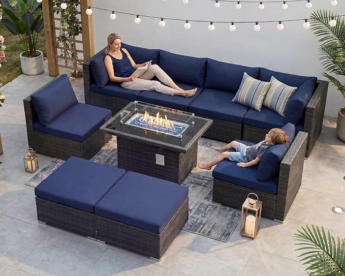 BULEXYARD 9 Pcs Highback Patio Furniture Set with Firepit, High-End Outdoor Sectional Couch with Ottoman 8-Seats, Cozy Comfy Wide Deep Deck Seating Group Conversation, Grey Rattan & Navy Blue Cushion