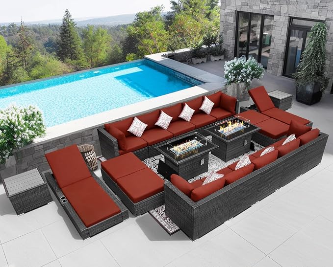 NICESOUL 20 Piece Extra Large Patio Furniture Set w/Fire Pit Table & Chaise Lounge, Modern Luxury Outdoor Group Seating w/Firepit, Comfortable 29.3" High-Back Sectional Couch Deep Seat, Gray & Red