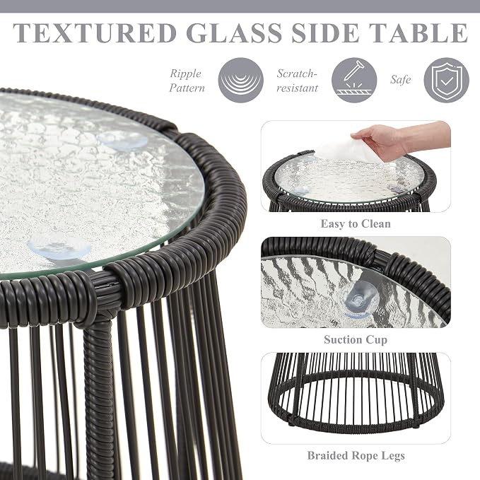 Bezseller 3-Piece Outdoor Patio Furniture Set, L-Shaped Rattan Sectional Sofa with Thick Cushions, Glass Coffee Table – All-Weather Conversation Set for Backyard, Porch, Poolside