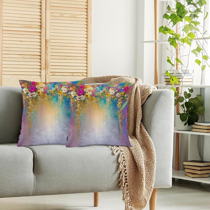 Swono Set of 2 Decorative Throw Pillow Covers Ivy Flowers, Abstract Blossom Floral Farmhouse Pillowcases Accent Pillow Cushion Cover for Couch Sofa Bed Office Armchair 18 X 18 Inch, Rainbow Purple