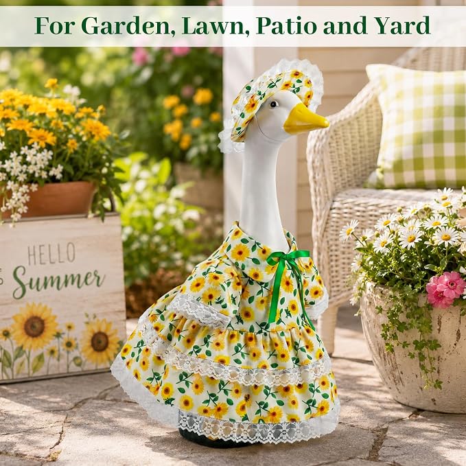 Porch Goose Outfits for 23 Inch Goose Statue, Summer Sunflower Dress with Yellow Hat and Lace Trim, Porch Goose Clothes for Outdoor Garden Lawn Patio Decor