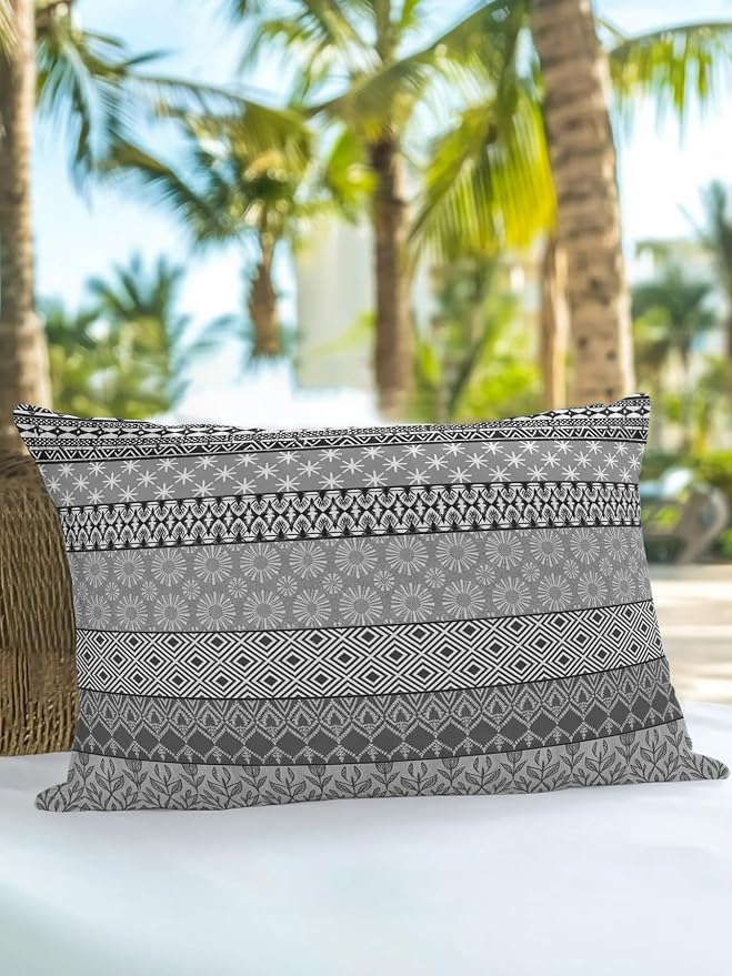 Waterproof Outdoor Pillow 1 Pack Grey Bohemian Decorative Throw Pillows Cover & Insert 20x12 Inch Lumbar Pillowcase Boho Style Floral Leaves Geometric Pillows for Couch Sofa Bed Patio Furniture