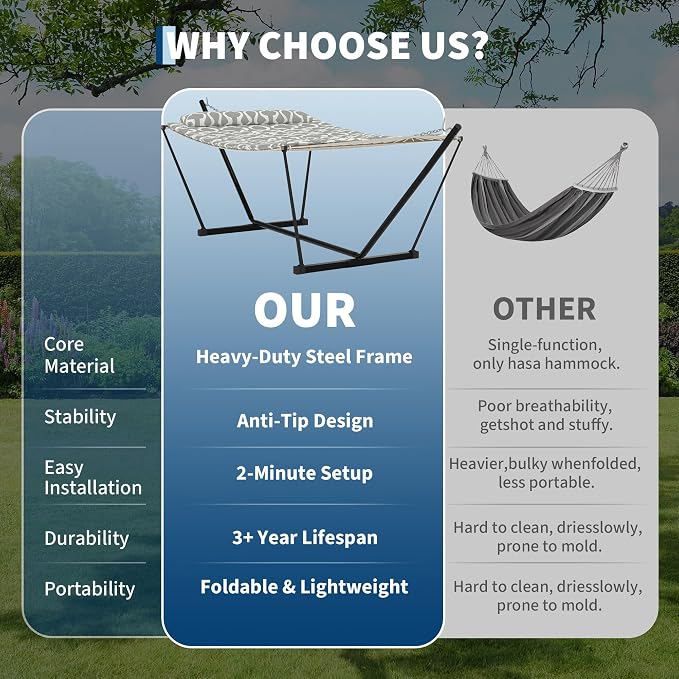 Grey 2 Person Hammock with Stand, 2 Person Hammock with Pillow, 450 LBS Capacity Heavy Duty Steel Stand, Freestanding Hammock for Patio, Backyard, Outdoor