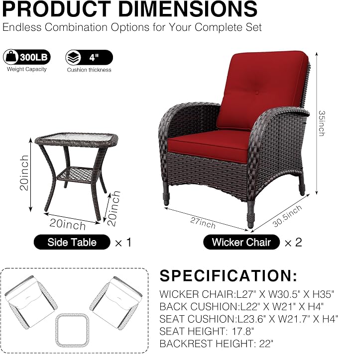 Joyside Wicker Patio Chairs, 3 Piece Rattan Outdoor Furniture with Thickened Cushions, High Back, Deep Seating, Wide Armrest, Outdoor Chairs for Porch, Deck