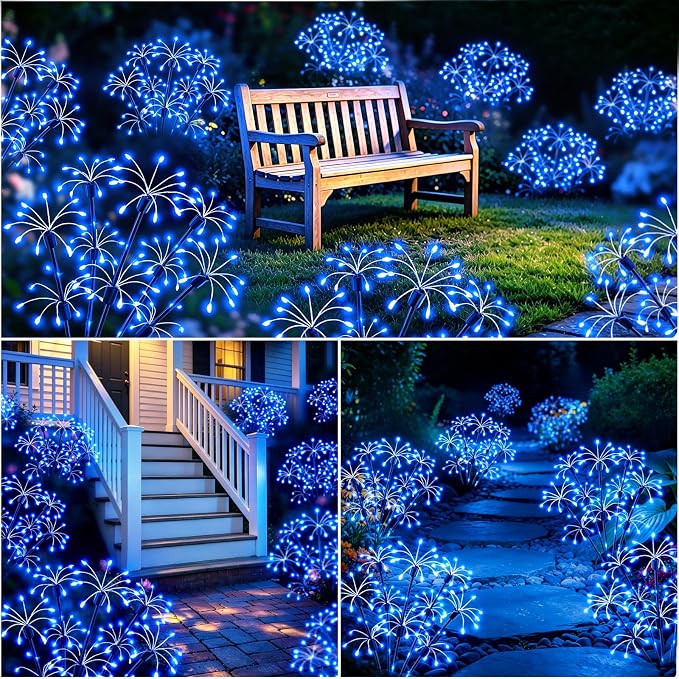 Solar Garden Lights Outdoor, 8 Pack 2-Layer Blue Fairy Firework Lights | Waterproof Starburst Flower Light, Garden Decor for Yard Patio Pathway Lawn, Unique Gifts for Women Mom Grandma Christmas