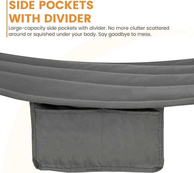 Lazy Daze Hammocks 10.5FT 2 Person Double Quilted Fabric Hammock with Spreader Bar, Detachable Pillow, Side Pocket, Carabiners, Chains, Straps for Outdoor, 450lbs Capacity, Grey