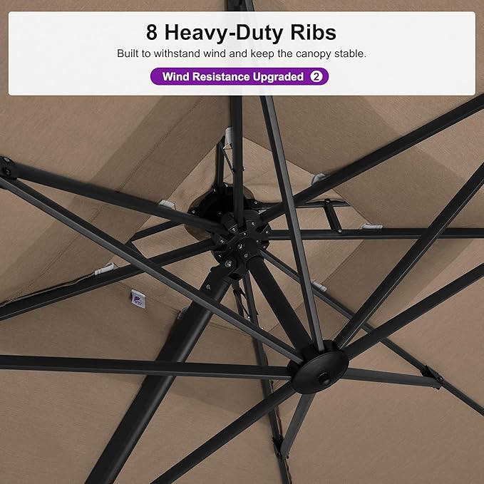 PURPLE LEAF 12 FT Cantilever Umbrella Outdoor Patio Umbrella with Light, Large Offset Square Umbrella, Windproof Heavy Duty Hanging Outside Umbrellas for Patio, Ash Mocha