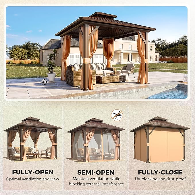 YOLENY 10' x 10' Gazebo Hardtop with Aluminum Frame,Galvanized Steel Double Roof Gazebos with Curtain and Netting,Outdoor Metal Pergolas for Garden, Lawn, Deck, Brown