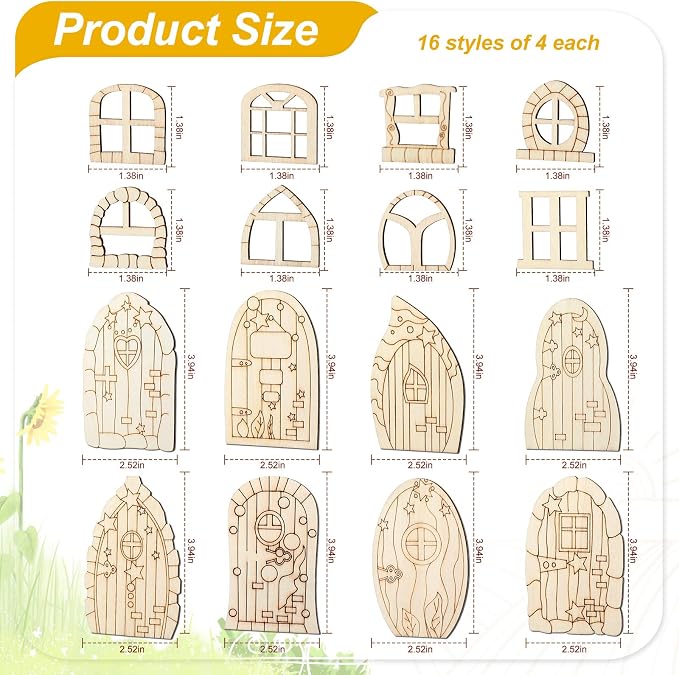Yulejo 64 Pcs Mini Wooden Fairy Doors and Windows, Fairy House DIY Kit | Unpainted Wood Blanks for Garden Decor, Fairy House Accessories, Party Wedding Craft Projects
