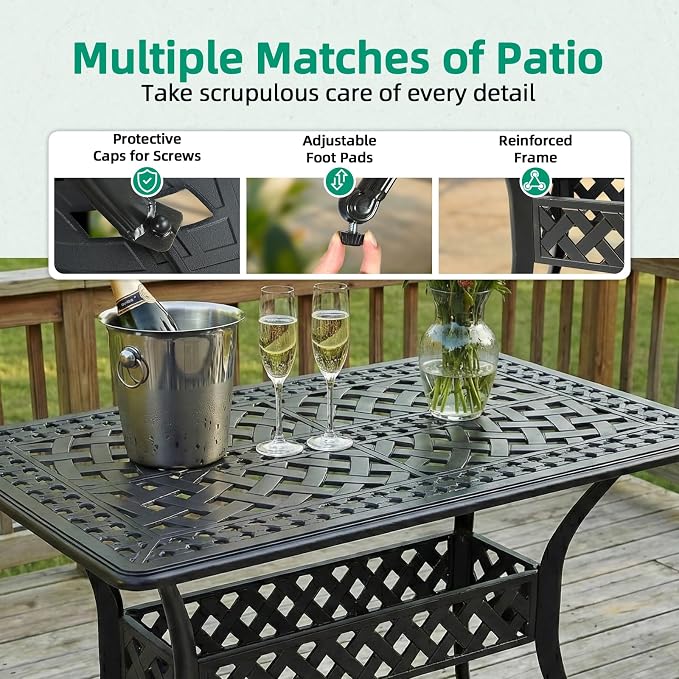 VIVIJASON 3 Piece Cast Aluminum Patio Bistro Set, Outdoor Dining Set with 42" x 24" Rectangular Table and 2 Cushioned Chairs, Rust Proof & Weather Resistant for Small Balcony, Porch, Garden, Deck