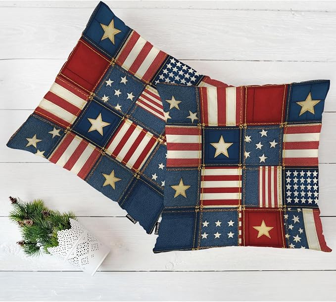 Swono Patchwork of American Flag Square Pillow Covers Cushion Covers, Grunge Denim USA Flag 18 X 18 Inch Set of 2 Throw Pillow Cover Pillowcases Home Decorative for Couch Sofa Car Bedroom, No Insert