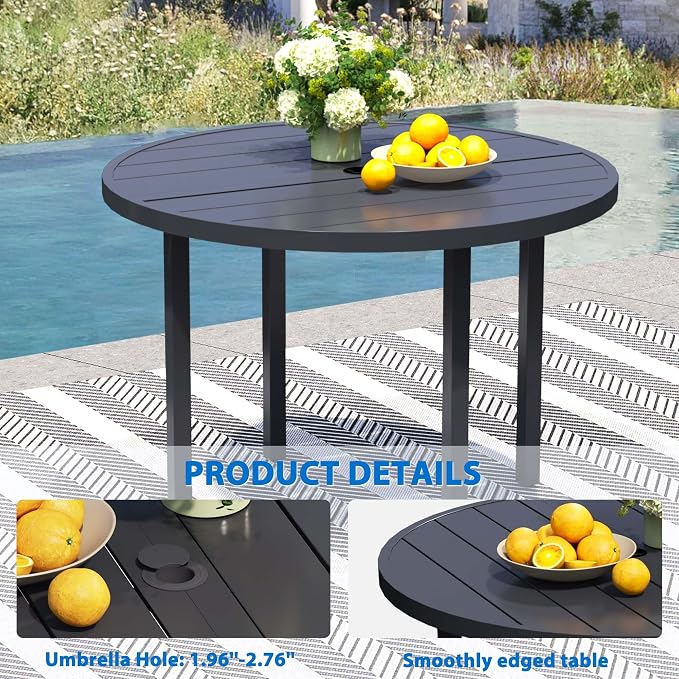 9-Piece Outdoor Dining Set for 8 – 60" Black Round Outdoor Table with Umbrella Hole & 8 Blue Outdoor Stackable Dining Chairs, All-Weather Patio Furniture