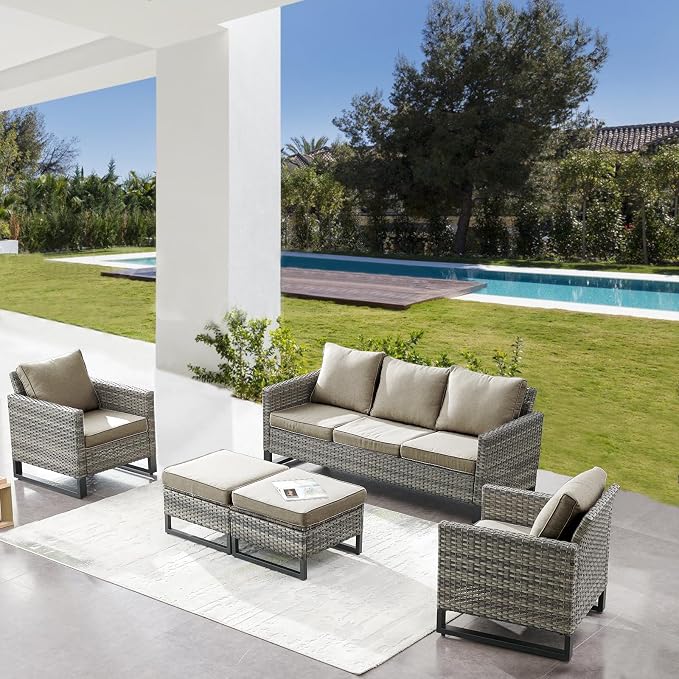 Belord Wicker Patio Furniture 5 Piece Outdoor Sofa Set, Oversize Outdoor Dining Chairs with Rattan Ottomans, Conversation Sets Patio Furniture Come with Removable Washable Cushion Grey