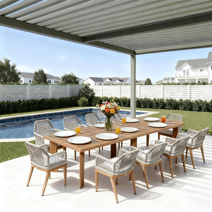 PURPLE LEAF 11 Pieces Patio Dining Set Aluminum Modern Oversize Rectangular Table and Rattan Arm Chairs with Cushions for Kitchen Porch Garden Outdoor Furniture Sets, Teak