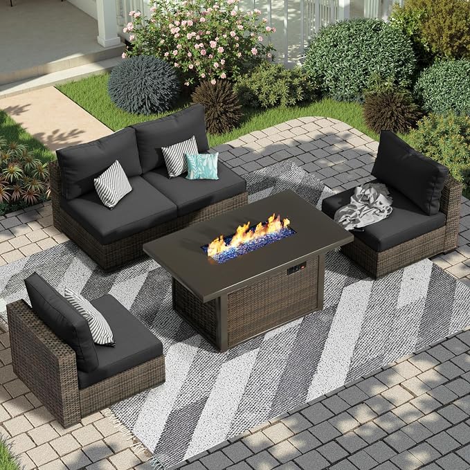 5 Piece Patio Furniture Set with Fire Pit Table, Outdoor Sectional Sofa PE Rattan, Patio Conversation Sets with Cushions for Garden Lawn Balcony Porch Deck Black