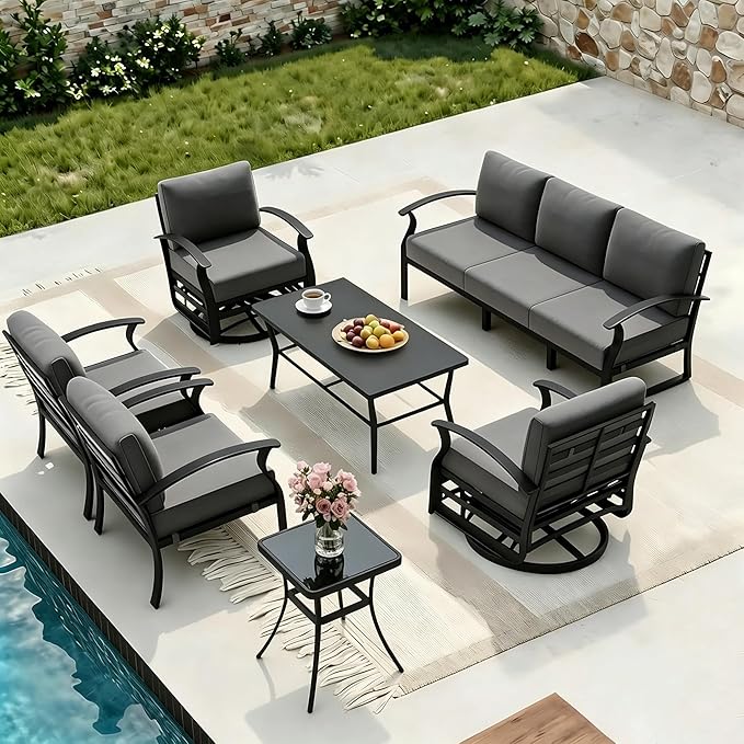 Aluminum Outdoor Patio Furniture Set,7 Seats Patio Conversation Sets with Rectangular Coffee Table,Metal Patio Sectional Furniture Set with 2 Swivel Rocking Chairs,Grey