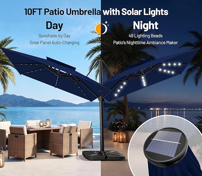AreShark 10×10FT Solar LED Cantilever Umbrella with Base Included, Double-Top Outdoor Patio Offset with 360 Degree Rotation, Square Offset Hanging Umbrella for Garden Deck Pool, Navy