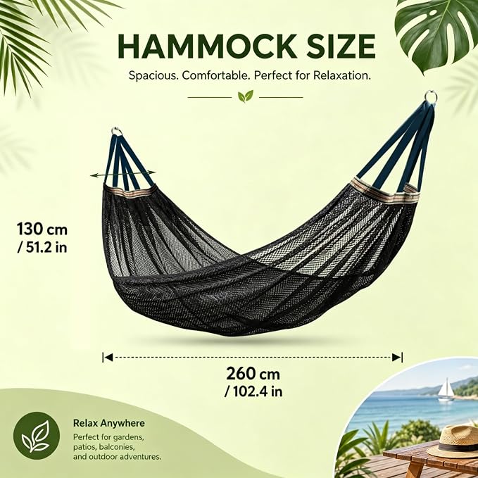 Lightweight Portable Anti-Roll Breathable Mesh Camping Hammock 102.36x51.18in with Tree Straps & Carry Bag, Black, No Stand Included