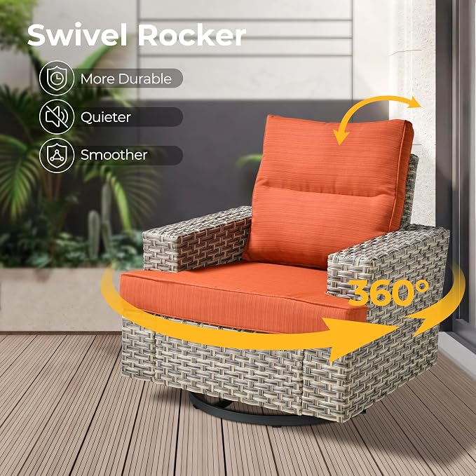HOOOWOOO Sectional Patio Furniture Set with Fire Pit Table,12 Pieces Wicker Outdoor Furniture L Shaped Couch,Outside Conversation Set Extra Deep Sofa Wide Arm Swivel Chairs Solar Light,Brick Red