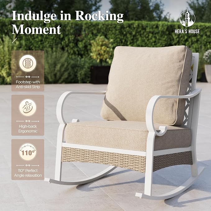 HERA'S HOUSE 6 Piece Metal Patio Furniture Set, All Weather Outdoor Conversation Set with 3-Seat Sofa, 2 Rocking Chairs, 2 Fixed Chairs & Coffee Table, 7 Seats for Backyard, Garden, Deck, White/Beige