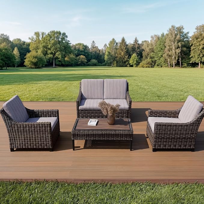 Wicker Patio Conversation Set, Outdoor Patio Chair Set with Deep Seating, Wide Armrests & Thick Cushions, All-Weather Outdoor Furniture Set for Patio, Porch, Deck & Backyard