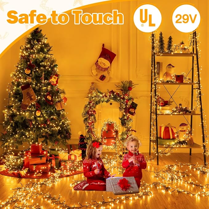 Ollny Cluster Christmas Lights 1000LED 49FT, Warm White Tree Lights 8 Modes Timer Remote, Waterproof String for Outdoor Indoor Outside Garland Xmas Decorations