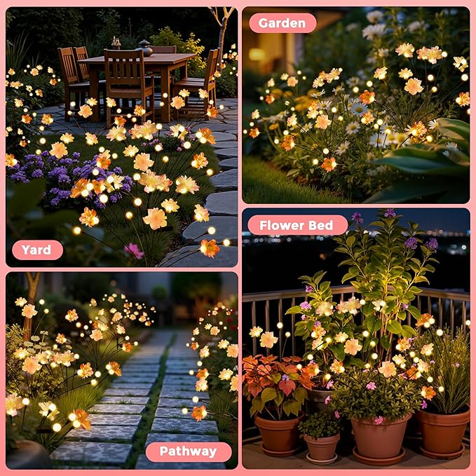 PEVOROS Solar Garden Lights, Warm White LED Swaying Solar Flowers Light for Outside, Waterproof Garden Decor, Outdoor Decorative Lights Yard, Patio, Pathway Decoration Gardening Gifts (2 Pack)