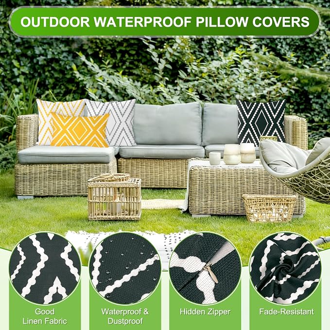 M METERXITY 2-Pack Boho Pillow Cover 20x20 Linen, Black White Stripe | Water Resistant Boho Geometric Slipcover, for Patio, Balcony, Garden, Decor Pillow Case