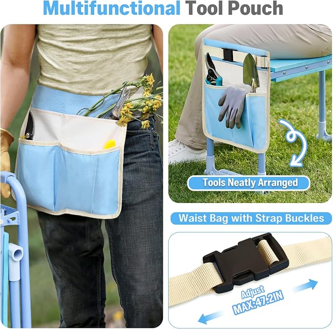 Garden Kneeler and Seat Heavy Duty, Foldable Gardening Stool Bench | With Widened Thick Soft Kneeling Pad & Tool Pouches - 2-in-1 Portable Kneeler and Stool for Seniors (BLUE)