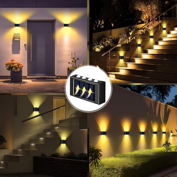 Rossesay 8 Pack Solar Wall Lights for Outside 3000K Warm Solar Fence Lights Up and Down Autumn LED Outdoor Decorative Waterproof Lamps Dusk to Dawn LED Lighting Wall Sconces for Outside Deck Garage